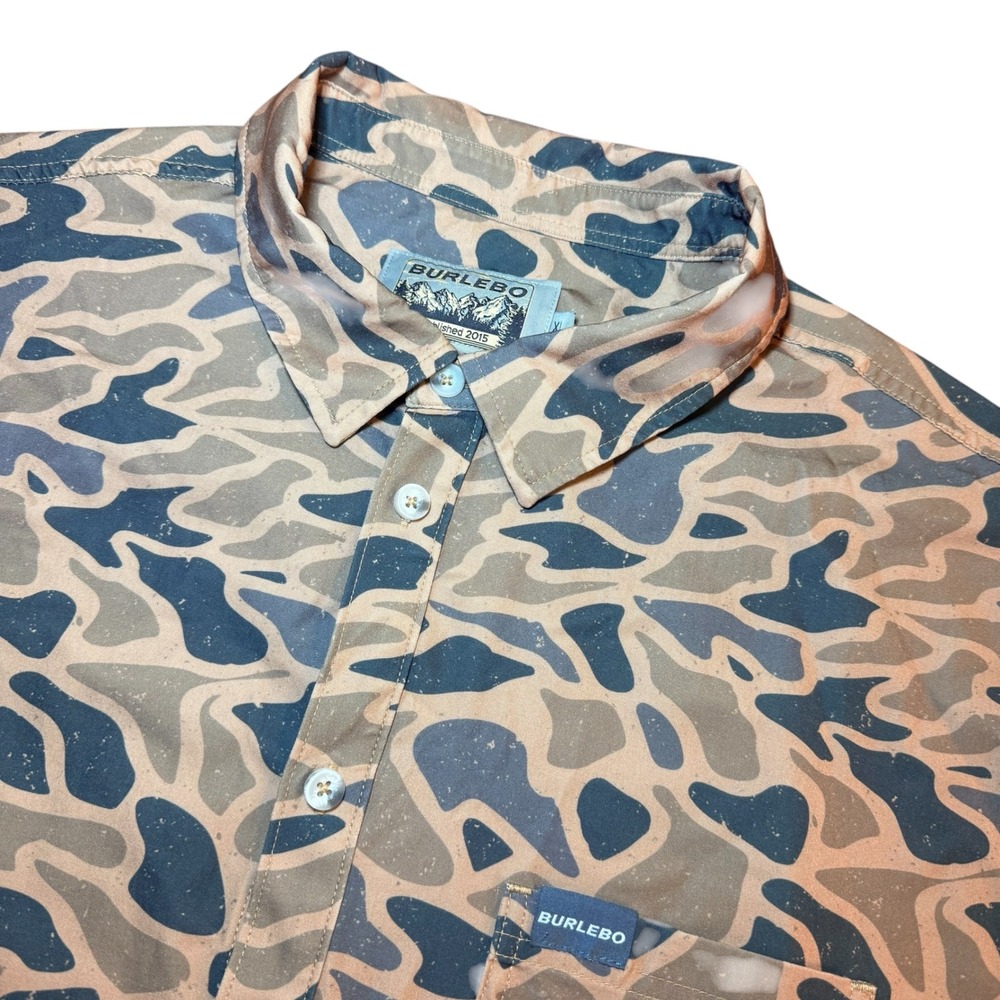 Burlebo Mens XL Retro Duck Camo Short Sleeve Button Down Performance Shirt Brown
